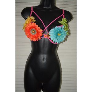 32C Push Up Rave Festival Bra Floral Gemstone Jewel Orange Blue Green Handmade